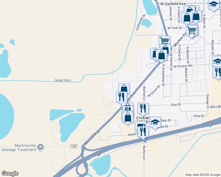 map of restaurants, bars, coffee shops, grocery stores, and more near 1110 Candice Court in Martinsville