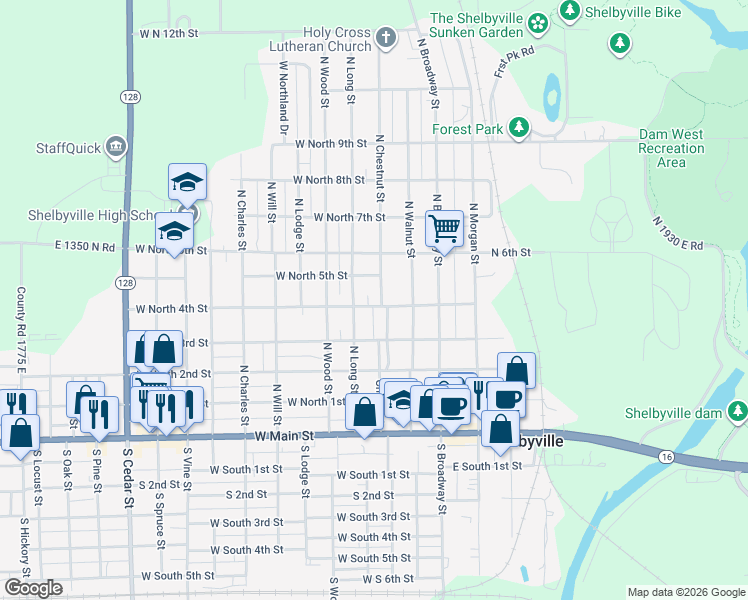 map of restaurants, bars, coffee shops, grocery stores, and more near 301-399 West North 4th Street in Shelbyville