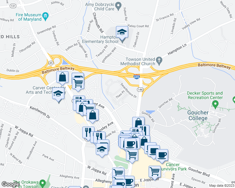 map of restaurants, bars, coffee shops, grocery stores, and more near 17 Theo Lane in Towson
