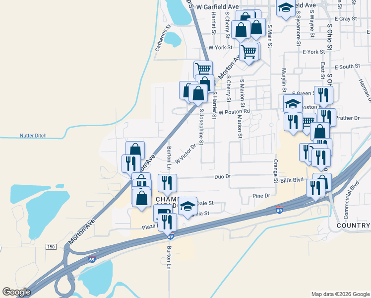 map of restaurants, bars, coffee shops, grocery stores, and more near 1613 West Victor Drive in Martinsville
