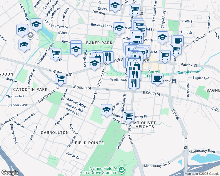 map of restaurants, bars, coffee shops, grocery stores, and more near 151 West South Street in Frederick