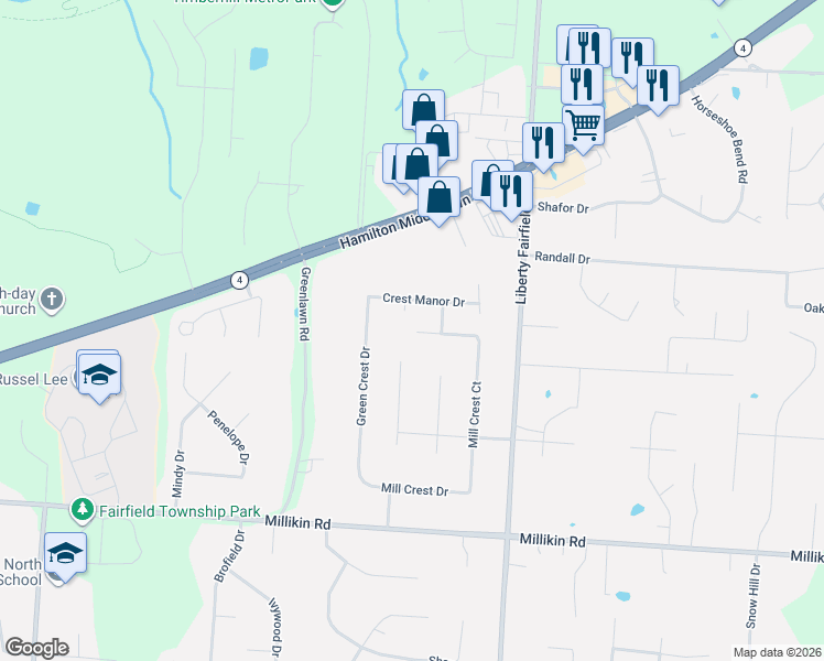 map of restaurants, bars, coffee shops, grocery stores, and more near 4079 Ann Elise Court in Hamilton