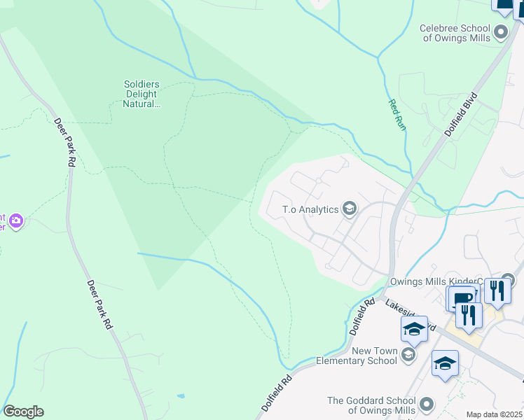 map of restaurants, bars, coffee shops, grocery stores, and more near 9907 Sherwood Farm Road in Owings Mills