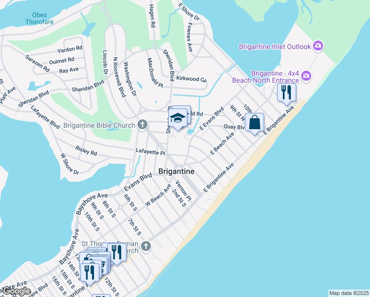 map of restaurants, bars, coffee shops, grocery stores, and more near 263 East Evans Boulevard in Brigantine