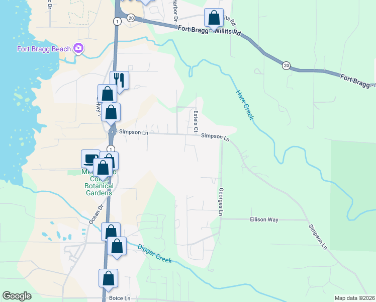 map of restaurants, bars, coffee shops, grocery stores, and more near Atkins in Fort Bragg