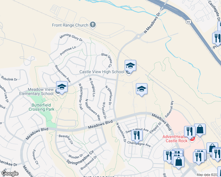 map of restaurants, bars, coffee shops, grocery stores, and more near 4962 North Silverlace Drive in Castle Rock