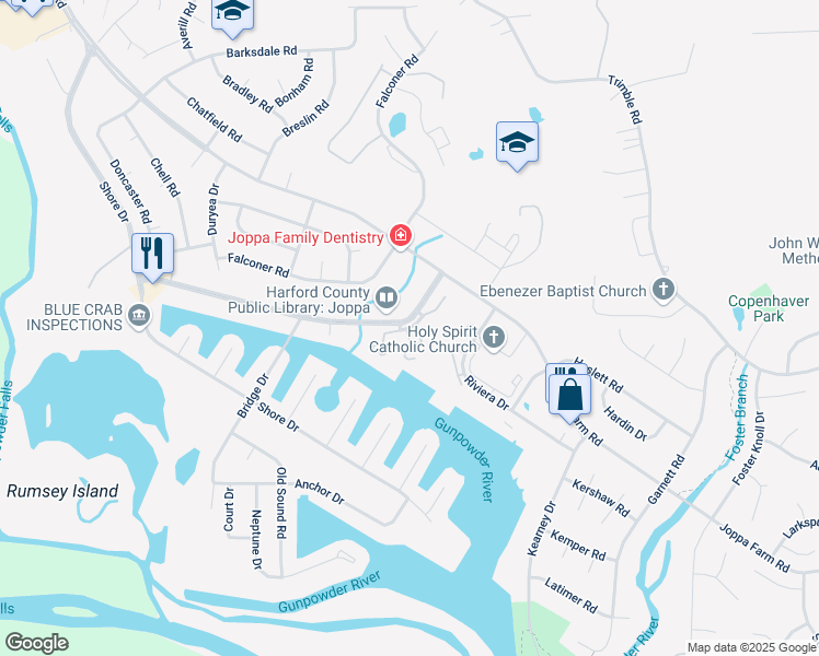 map of restaurants, bars, coffee shops, grocery stores, and more near 636 Harborside Drive in Harford County