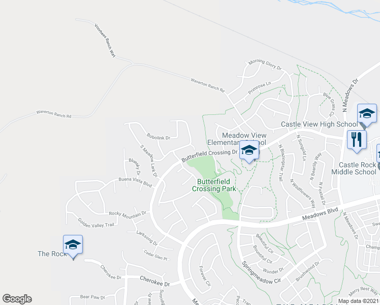map of restaurants, bars, coffee shops, grocery stores, and more near 4981 Kiowa Creek Court in Castle Rock