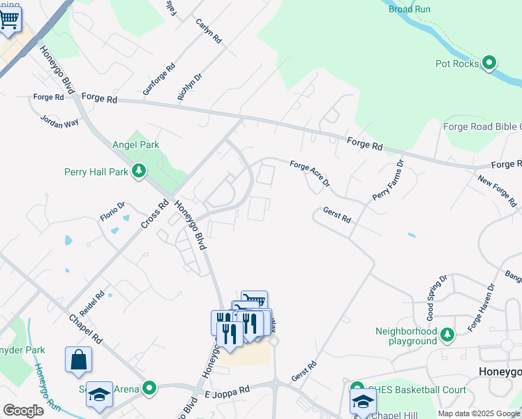 map of restaurants, bars, coffee shops, grocery stores, and more near 12H Brook Farm Court in Perry Hall
