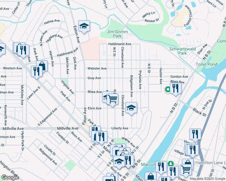map of restaurants, bars, coffee shops, grocery stores, and more near 601 North E Street in Hamilton