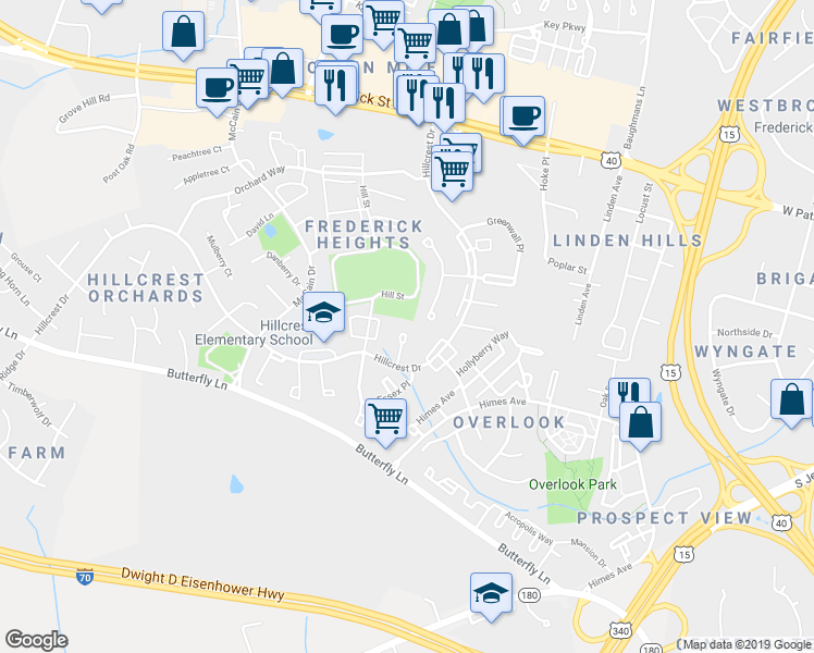 map of restaurants, bars, coffee shops, grocery stores, and more near 457 Arwell Court in Frederick