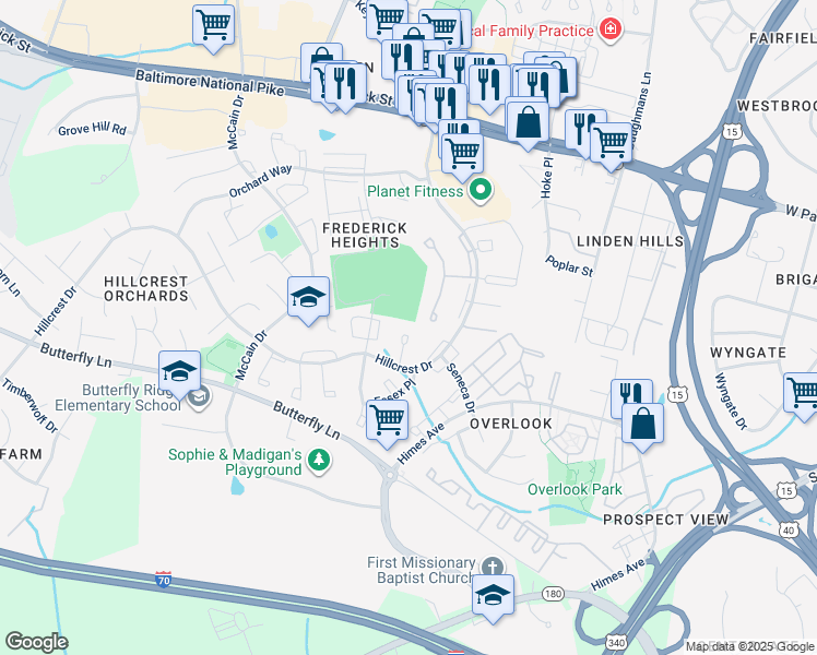 map of restaurants, bars, coffee shops, grocery stores, and more near 457 Arwell Court in Frederick