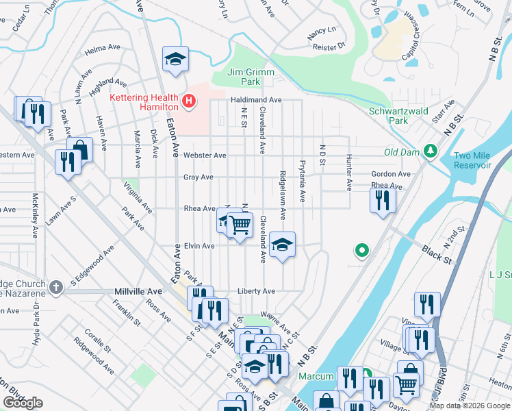 map of restaurants, bars, coffee shops, grocery stores, and more near 451 Cleveland Avenue in Hamilton