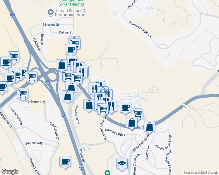 map of restaurants, bars, coffee shops, grocery stores, and more near 339 East Allen Street in Castle Rock