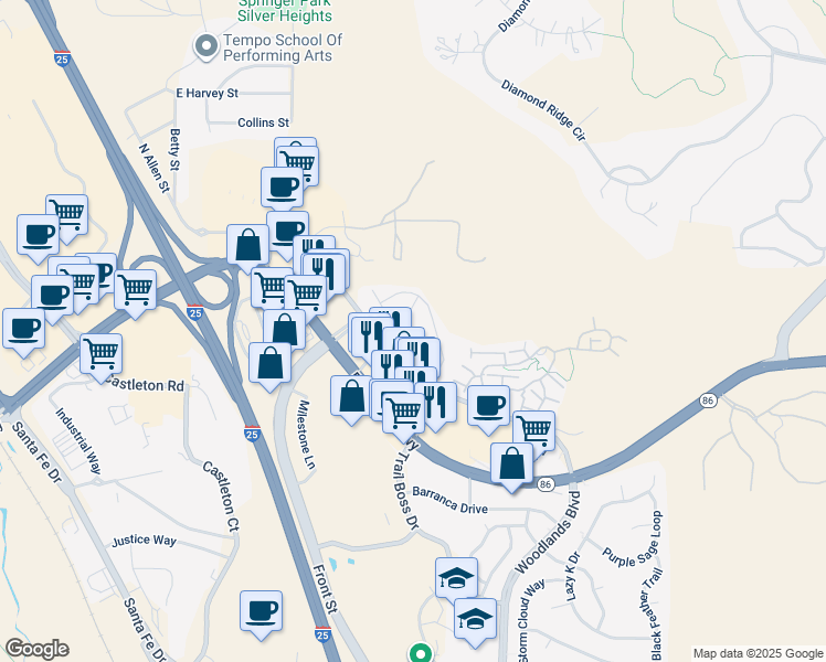 map of restaurants, bars, coffee shops, grocery stores, and more near 339 East Allen Street in Castle Rock