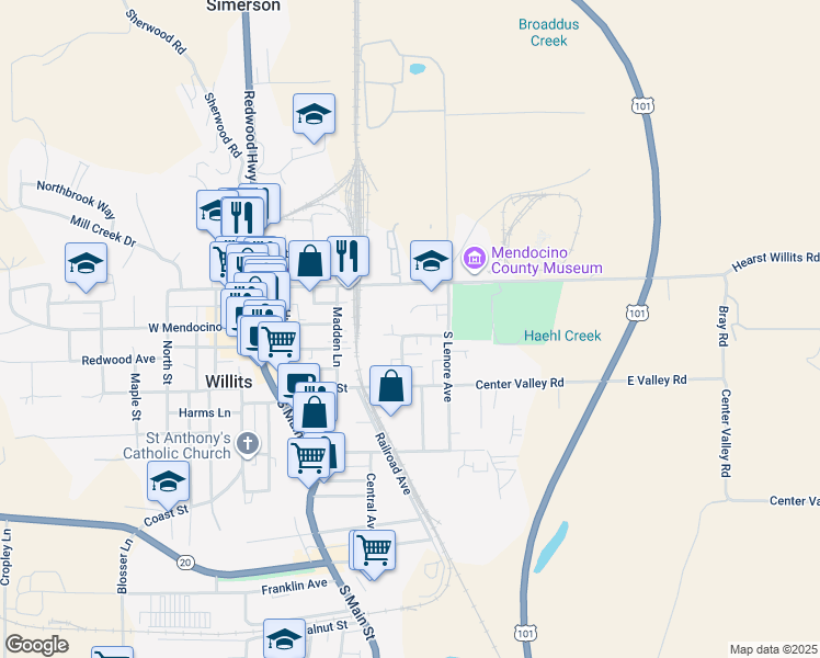 map of restaurants, bars, coffee shops, grocery stores, and more near 369 Creekside Drive in Willits