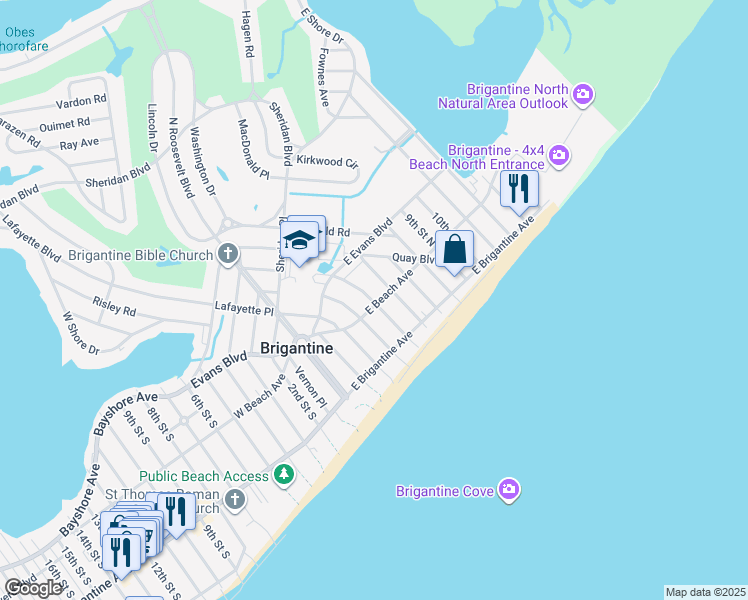 map of restaurants, bars, coffee shops, grocery stores, and more near 502 East Beach Avenue in Brigantine