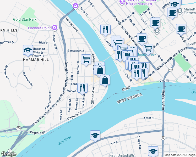 map of restaurants, bars, coffee shops, grocery stores, and more near 118 Maple Street in Marietta