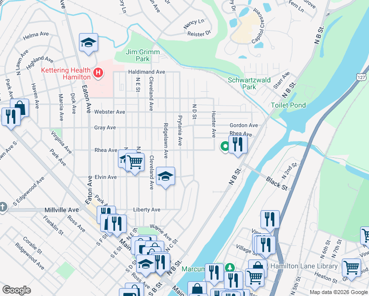 map of restaurants, bars, coffee shops, grocery stores, and more near 552 Prytania Avenue in Hamilton