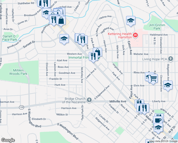 map of restaurants, bars, coffee shops, grocery stores, and more near 896 Ross Avenue in Hamilton