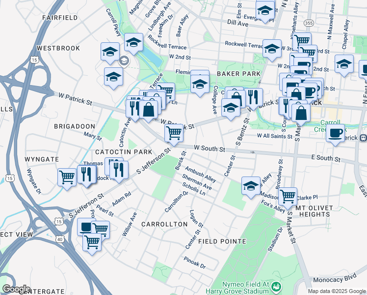 map of restaurants, bars, coffee shops, grocery stores, and more near 484 West South Street in Frederick