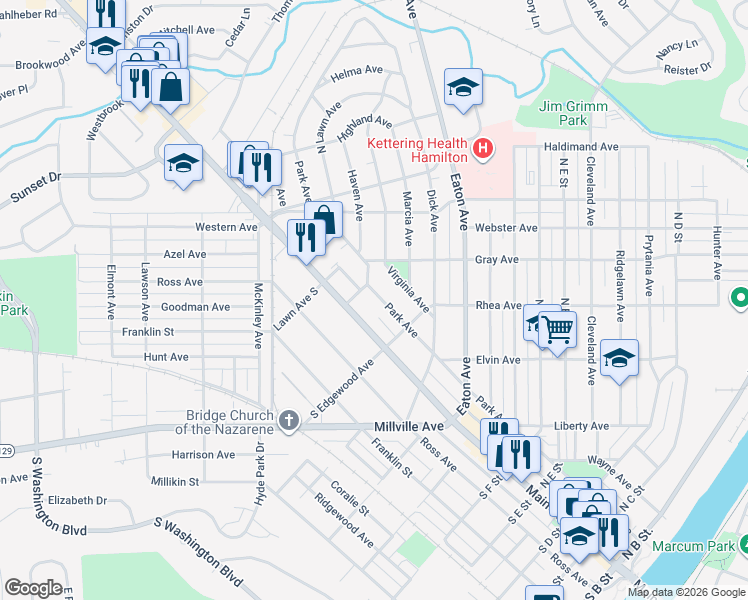 map of restaurants, bars, coffee shops, grocery stores, and more near 923 Park Avenue in Hamilton