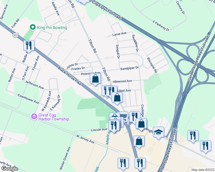 map of restaurants, bars, coffee shops, grocery stores, and more near 2621 Tilton Road in Egg Harbor Township