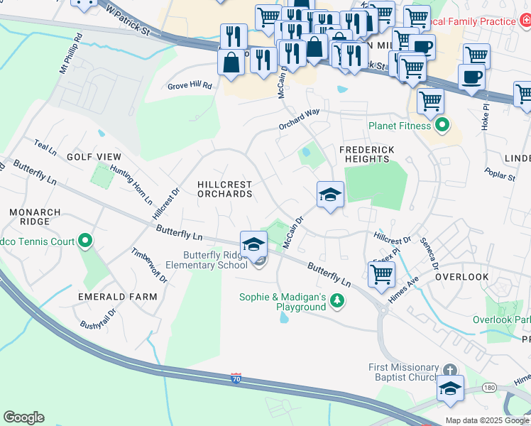 map of restaurants, bars, coffee shops, grocery stores, and more near 505 Smoketree Court in Frederick