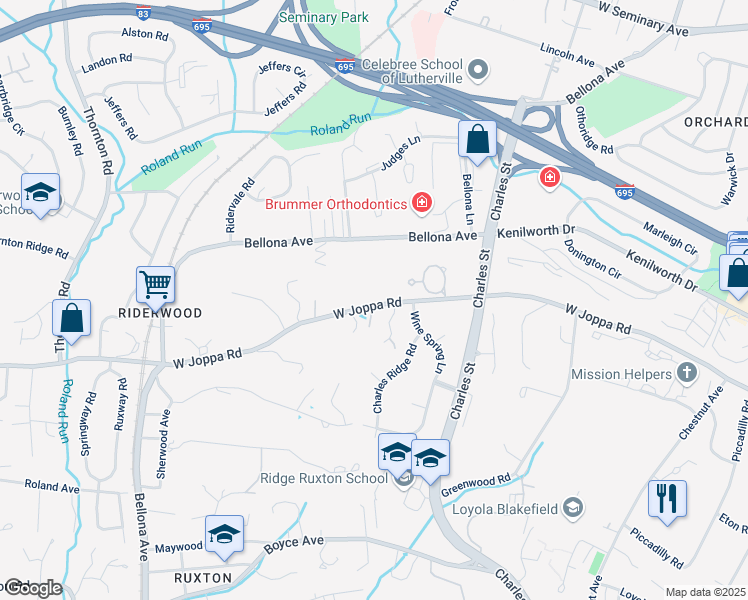 map of restaurants, bars, coffee shops, grocery stores, and more near 1406 West Joppa Road in Towson