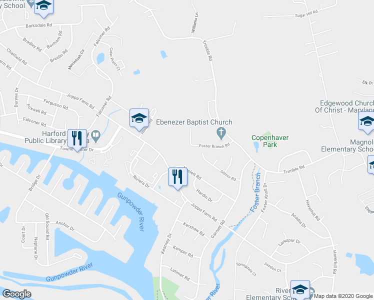 map of restaurants, bars, coffee shops, grocery stores, and more near 451 Foster Branch Road in Harford County