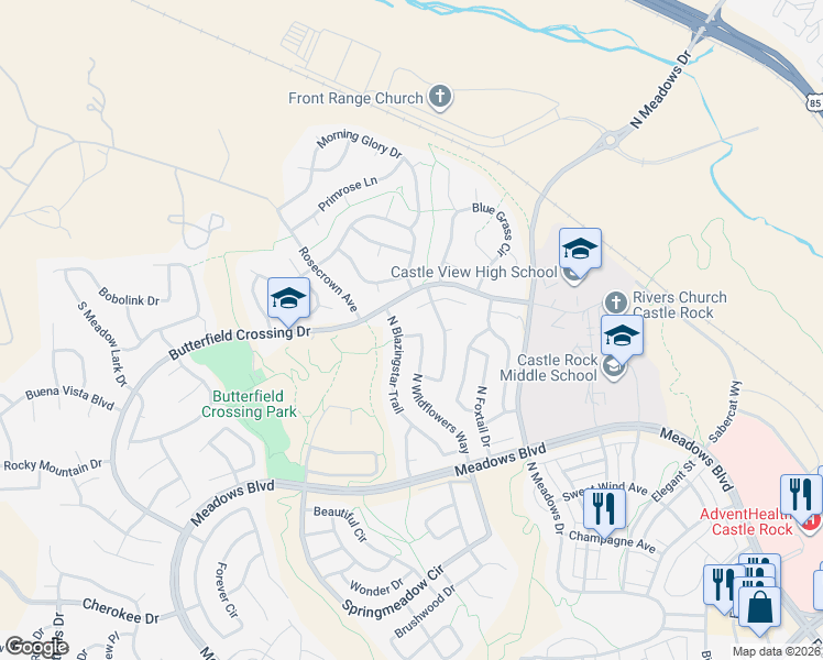 map of restaurants, bars, coffee shops, grocery stores, and more near 4934 North Wildflowers Way in Castle Rock