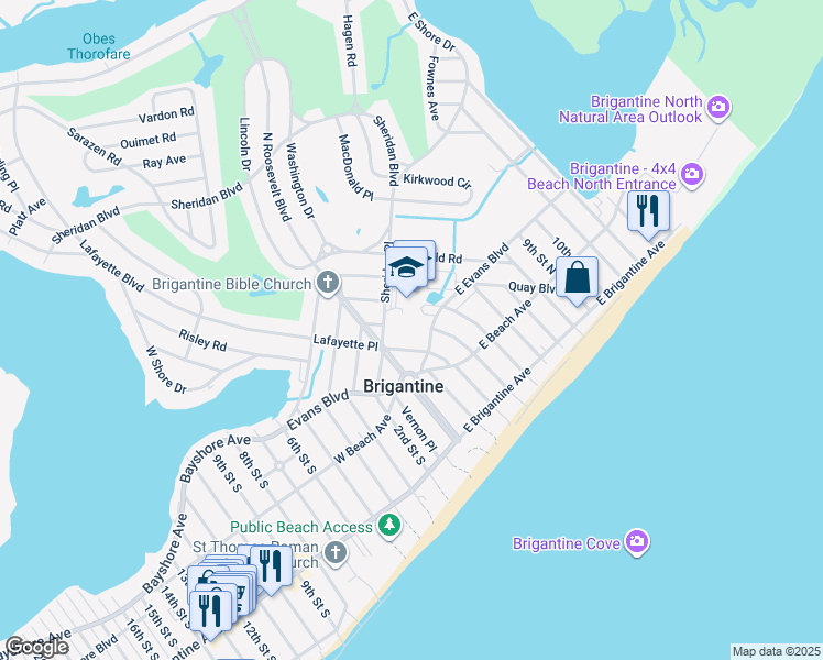 map of restaurants, bars, coffee shops, grocery stores, and more near 301 East Evans Boulevard in Brigantine