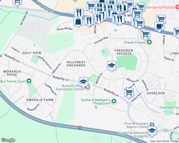 map of restaurants, bars, coffee shops, grocery stores, and more near 505 Smoketree Court in Frederick