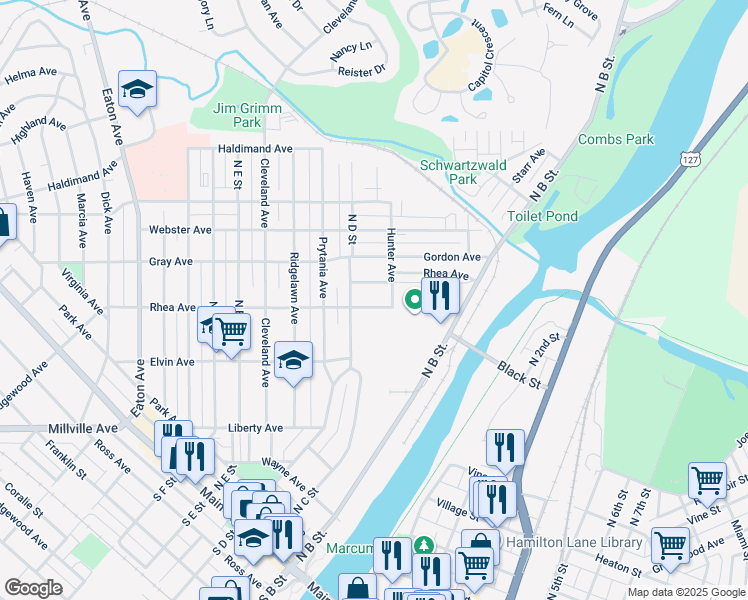 map of restaurants, bars, coffee shops, grocery stores, and more near 222 Rhea Avenue in Hamilton