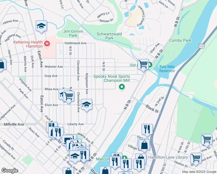map of restaurants, bars, coffee shops, grocery stores, and more near 222 Rhea Avenue in Hamilton