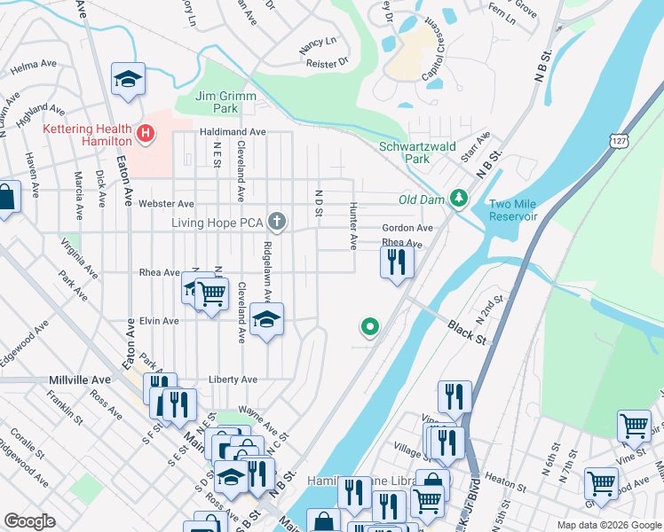 map of restaurants, bars, coffee shops, grocery stores, and more near 222 Rhea Avenue in Hamilton
