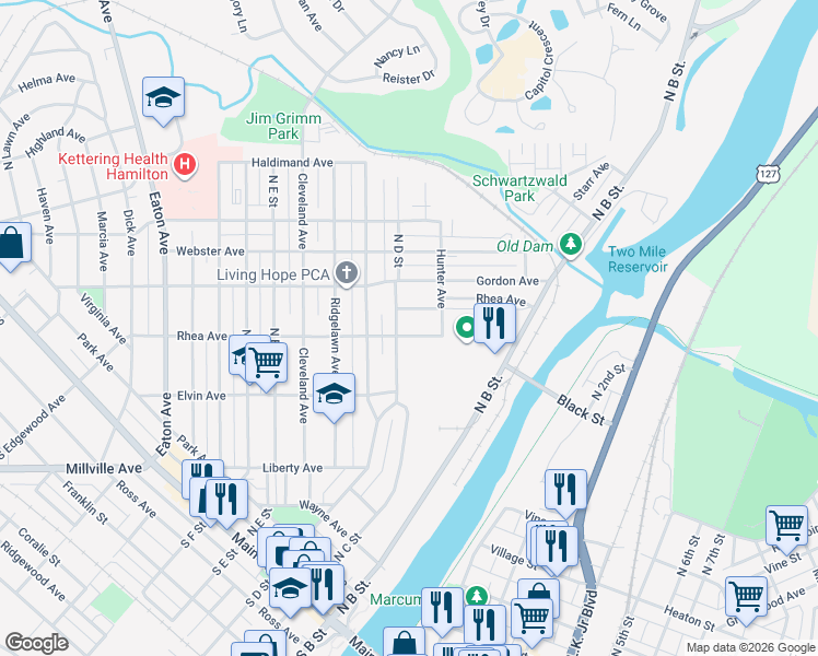 map of restaurants, bars, coffee shops, grocery stores, and more near 222 Rhea Avenue in Hamilton