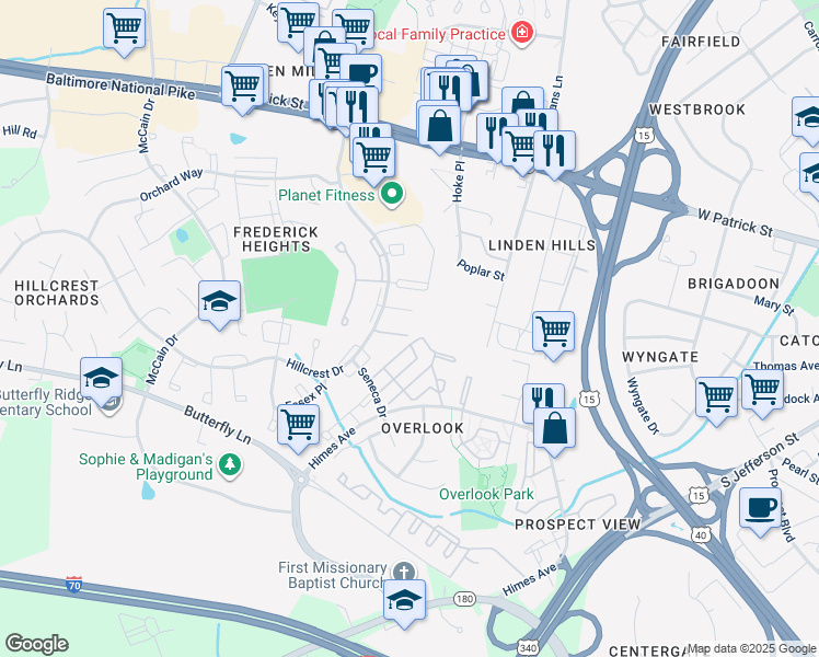 map of restaurants, bars, coffee shops, grocery stores, and more near 1107 Keswick Place in Frederick
