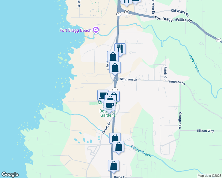 map of restaurants, bars, coffee shops, grocery stores, and more near 18428 California 1 in Fort Bragg