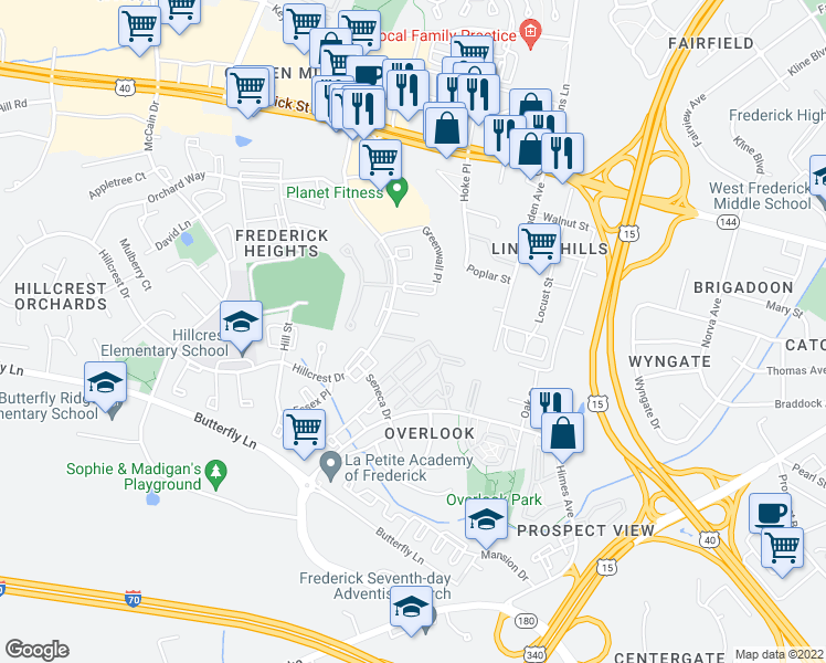 map of restaurants, bars, coffee shops, grocery stores, and more near 1111 Keswick Place in Frederick