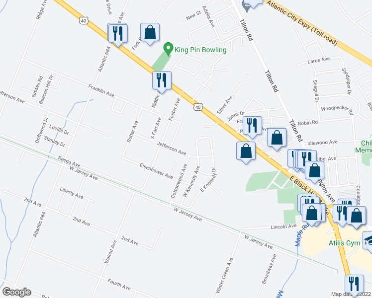 map of restaurants, bars, coffee shops, grocery stores, and more near 250 East Kennedy Drive in Egg Harbor Township
