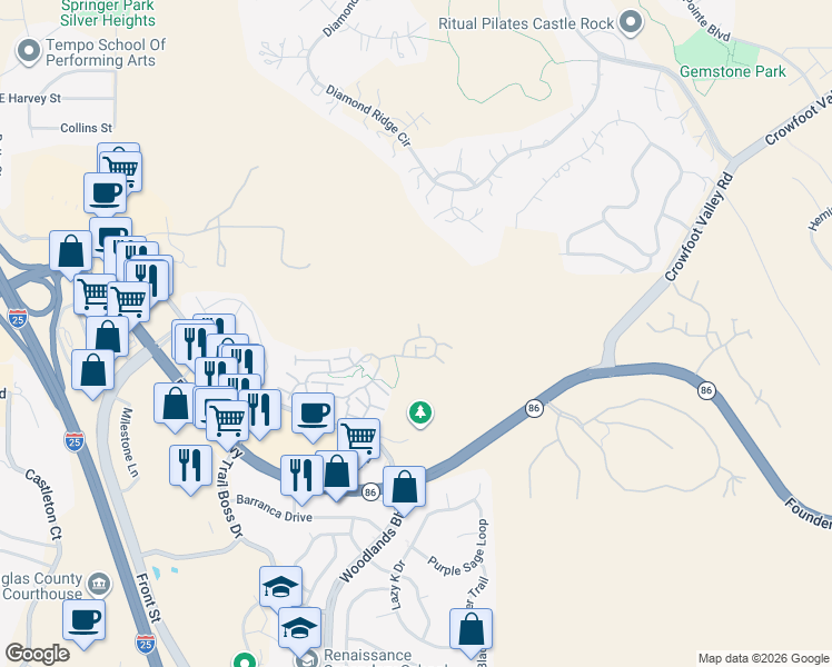 map of restaurants, bars, coffee shops, grocery stores, and more near 1049 Snowy Mesa Place in Castle Rock