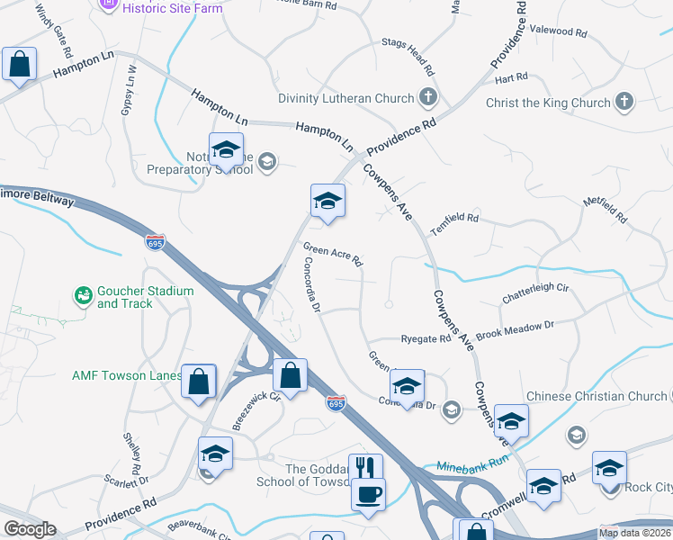 map of restaurants, bars, coffee shops, grocery stores, and more near 1002 Dunblane Road in Towson
