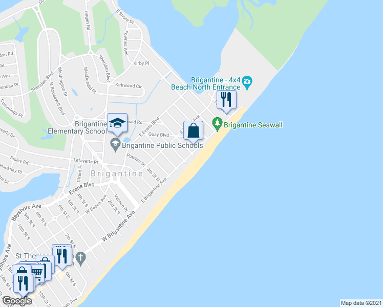 map of restaurants, bars, coffee shops, grocery stores, and more near East Brigantine Avenue & 8th Street North in Brigantine
