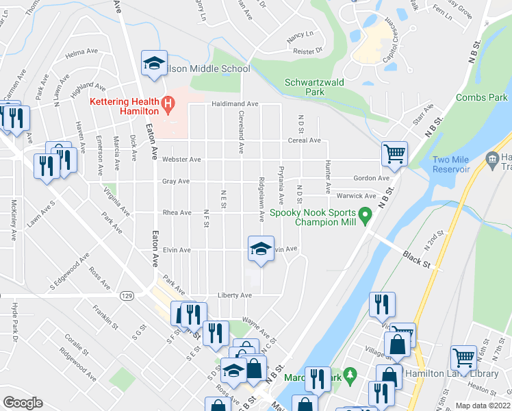 map of restaurants, bars, coffee shops, grocery stores, and more near 605 Ridgelawn Avenue in Hamilton