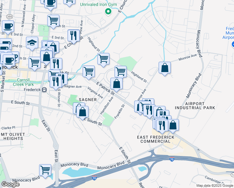 map of restaurants, bars, coffee shops, grocery stores, and more near 3 East Patrick Street in Frederick