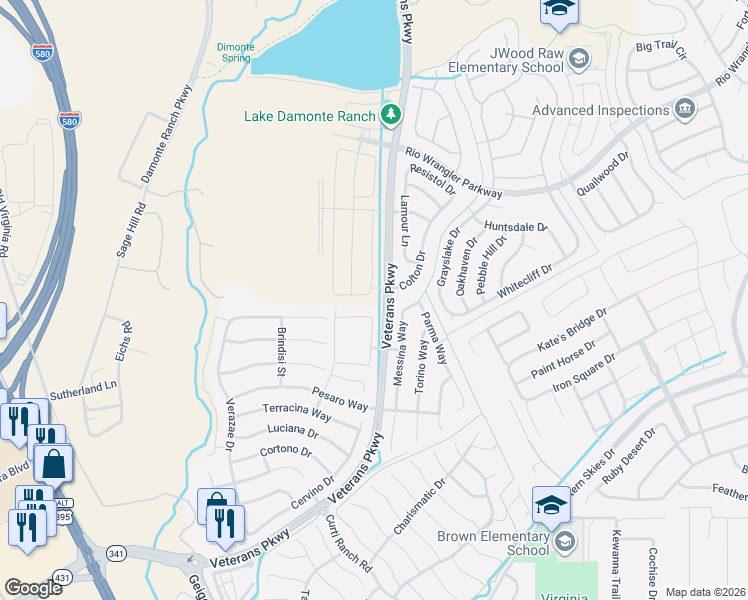 map of restaurants, bars, coffee shops, grocery stores, and more near Veterans Pkwy in Washoe