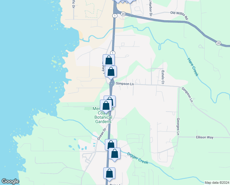 map of restaurants, bars, coffee shops, grocery stores, and more near 18451 California 1 in Fort Bragg