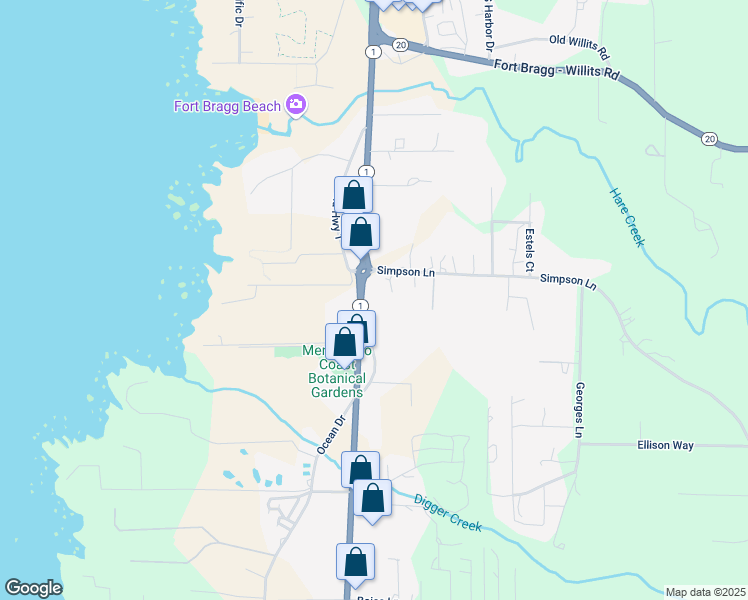 map of restaurants, bars, coffee shops, grocery stores, and more near 18451 California 1 in Fort Bragg