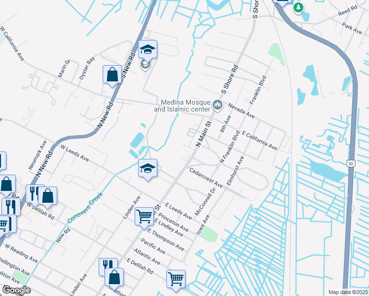 map of restaurants, bars, coffee shops, grocery stores, and more near 11 Utah Avenue in Pleasantville